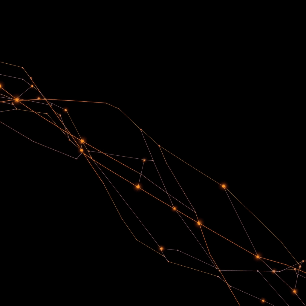 Abstract network connection lines in orange and gray on dark background, minimalist tech design